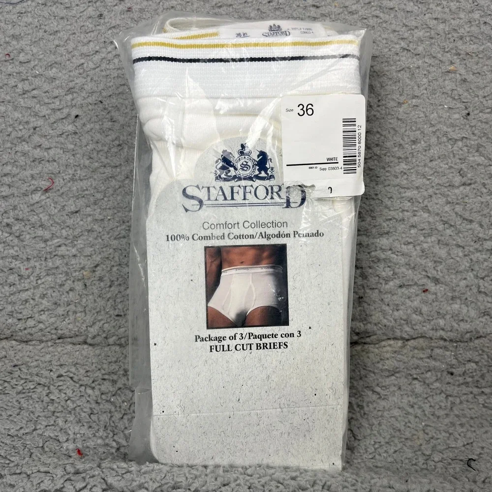 Stafford Full Cut Briefs Men 36 White 3-Pack Cotton Comfort Collection Vintage